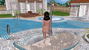 this cute girl in 3d cartoon gives sexy poses and showers by the pool