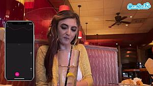 cumming in public with interactive vibrator for huge wet orgasm at lunch