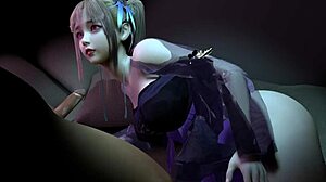 This 3D cute blonde babe in outfit has sex with a big dick stranger, squirting cum.