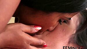 Hot Lesbian Brunette Devours Pussy at Massage Session