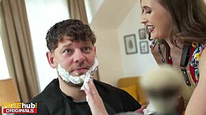 Natural boob brunette trainee attempts hair cut comedy