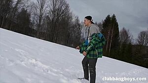 Three gay snowboarders bareback anal after slope.