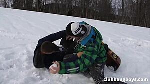 Three gay snowboarders bareback anal after slope.
