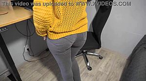 Hot secretary in tight jeans teases with her visible panty line