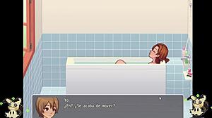 hey, in this hentai game, countryside blowjobs in the bathroom lead to shower fucking