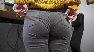 Hot secretary in tight jeans teases with her visible panty line