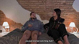 Stepbrother shows dick to stepsister during movie, oral then fuck