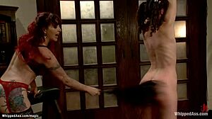 Skinny lesbian gets tied up tight. She’s whipped before rough domination play.