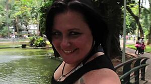 Chubby beauty travels and meets two guys showing city wonders