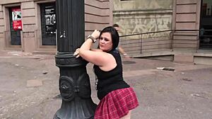 Chubby beauty travels and meets two guys showing city wonders