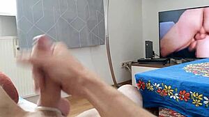 Skinny german guy watches homemade gay porn pov and jerks off with cock ring until cumshot