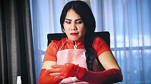 in the hospital, the latex-clad mistress dominafire uses her gloves to dominate the patient in a femdom fetish scene