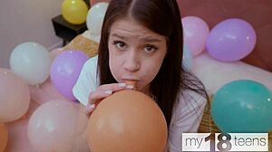 My18teens - skinny girl with small tits blows up balloons and fucks herself with a dildo