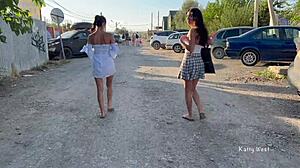 Two Girls Flash Pussies in Public Without Panties for All to See