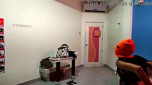 Masked brunette stepsister teases for Halloween in hotel bed.