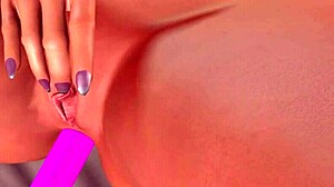 Sexy brunette rubbing her pussy with a pink dildo in her ass - 3d animation