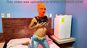 Masked brunette stepsister teases for Halloween in hotel bed.