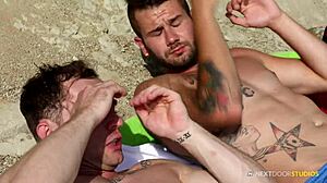 Interracial bareback group action with big dick bodybuilder boys