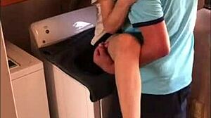 sexy milf surrenders to neighbor boy in laundry room, wearing heels