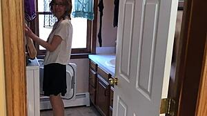 sexy milf surrenders to neighbor boy in laundry room, wearing heels