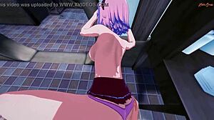 Sakura swallows cum then gets POV doggystyle against wall