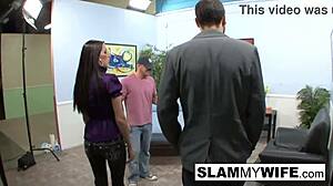 Athletic brunette takes big black cock hard.