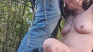 Look at me flashing my tits in the forest! the slave exclaims during exhibition.