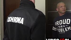 Blonde milf threesome on couch with security