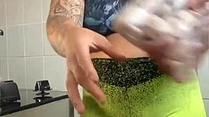 married lady pretends to cook online, but flashes her swollen pussy instead