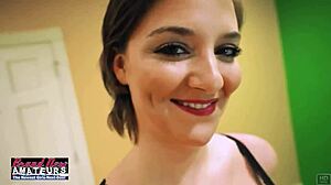 Petite brunette Kylie with green eyes and big tits sucks cock, licks pussy, and swallows cumshot