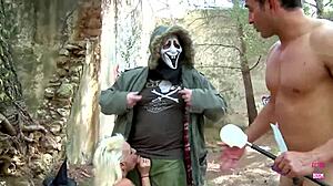 Blonde Chick And Two Guys Fuck Before Costume Party