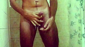 Two cumshots while showering with cum dripping