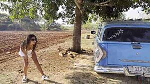 Shameless Monika Fox with Naked Tits Pissing Outdoors Under a Tree Free