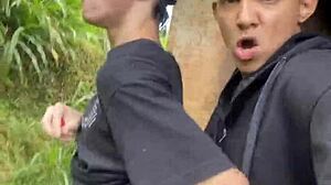 Outdoor bisexual sex in bermuda shorts leads to intense orgasms in public bathrooms