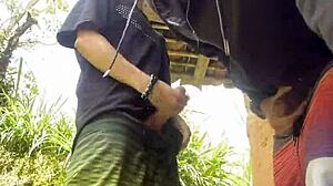 Outdoor bisexual sex in bermuda shorts leads to intense orgasms in public bathrooms