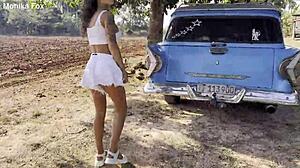 Shameless Monika Fox with Naked Tits Pissing Outdoors Under a Tree Free