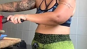 married lady pretends to cook online, but flashes her swollen pussy instead