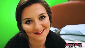 Petite brunette Kylie with green eyes and big tits sucks cock, licks pussy, and swallows cumshot