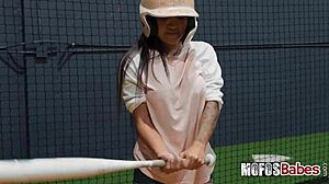 busty brunette rides and sucks dick after batting practice with alice thunder and joey