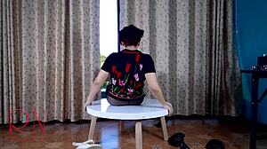 I love this milf's pantyhose striptease at the table