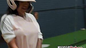 busty brunette rides and sucks dick after batting practice with alice thunder and joey