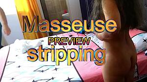 Masseuse strips down with Agarabas and Olpr for raw handjob action.