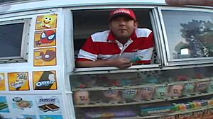 Kacey Jordan bangs her mouth with ice cream before sex, shaved pussy exposed.