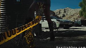 Busty Asian Suggestively Rides Biker In Warehouse