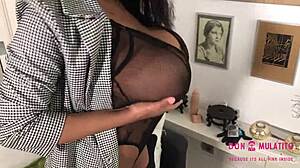 Black beauty with huge tits teases pussy until she squirts hard