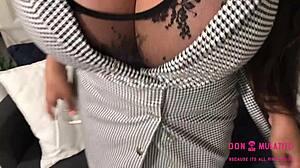 Black beauty with huge tits teases pussy until she squirts hard