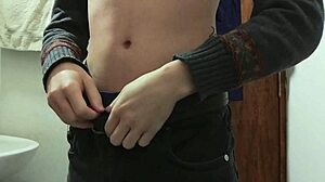 i strip half-naked to jerk off in work's bathroom cumshot