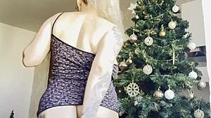 Big Tits Blonde Masturbates Near Christmas Tree With Natural Boobs