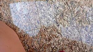 Brazilian amateur jerks huge cock for massive cumshot in garage