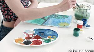 Shaved skinny european riley jorden gets hardcore blowjob and doggystyle cumshot in sensual art